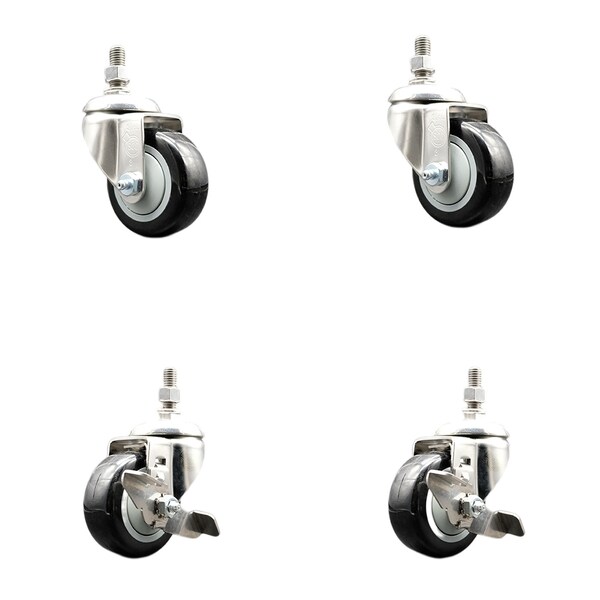 Service Caster 3 Inch 316SS Black Polyurethane Swivel 1/2 Inch Threaded Stem Caster Brakes, 2PK SS316TS20S314-PPUB-BLK-121315-2-TLB2 - main